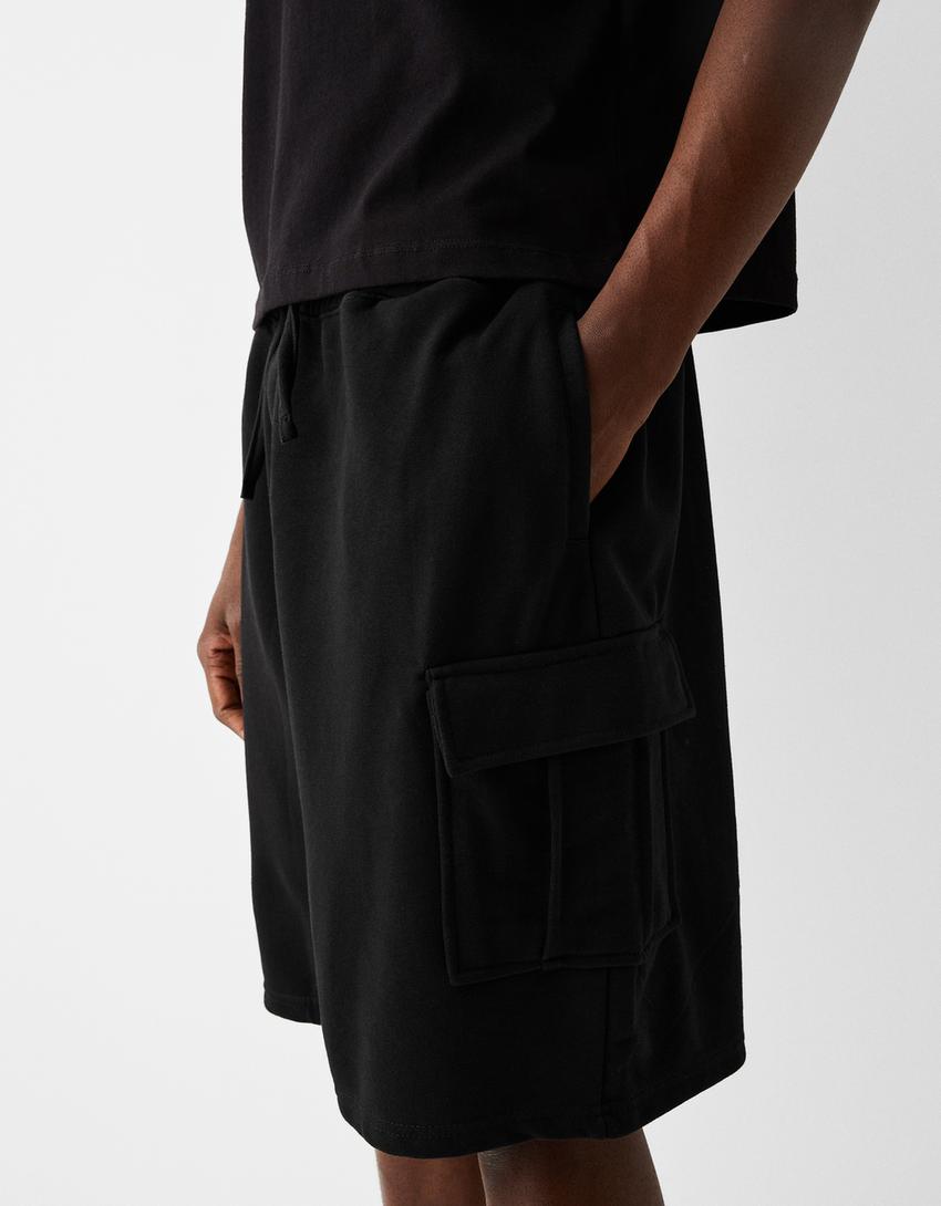 Calções bermuda felpa de cargo Sylvester-Preto-3