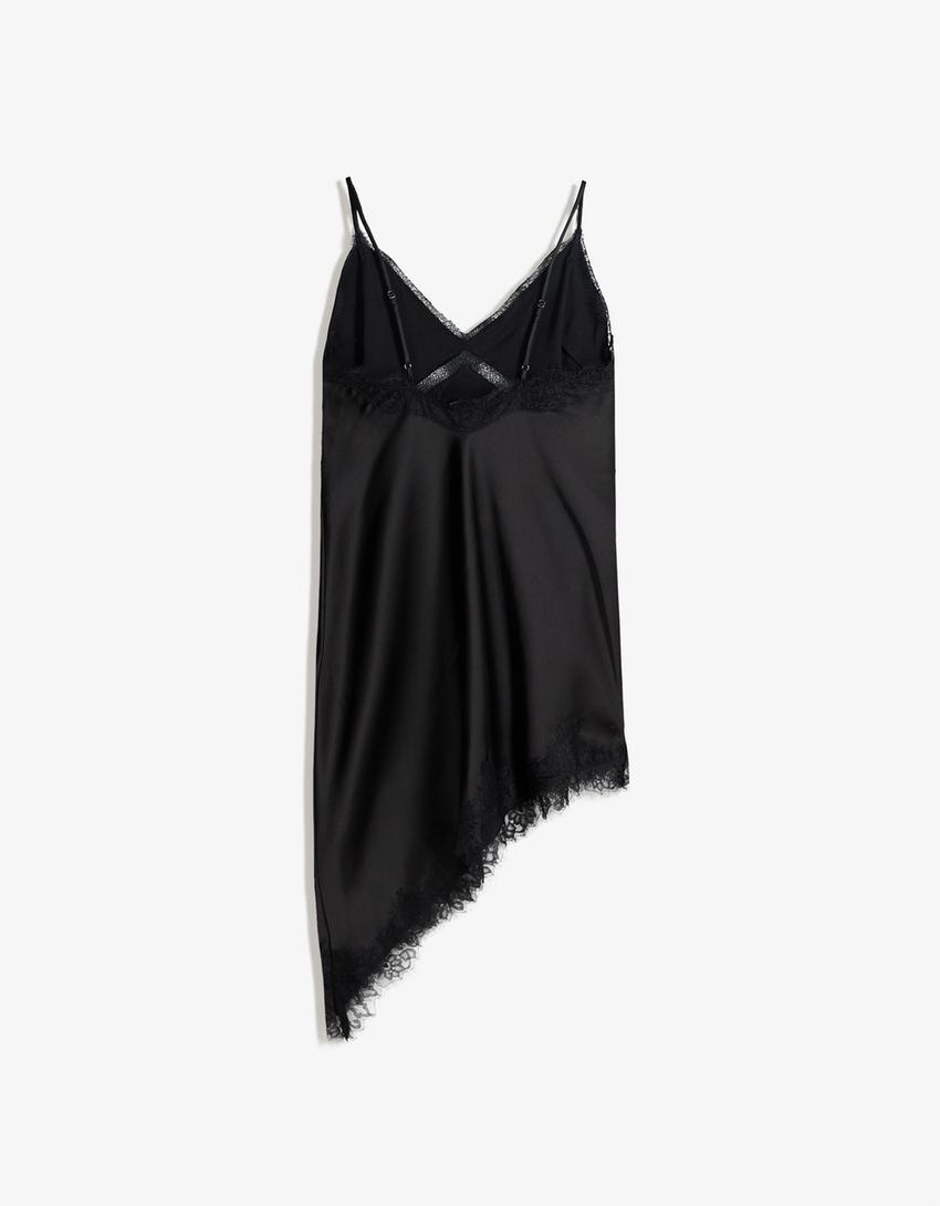 Vestido tirantes satén asimétrico-Negro