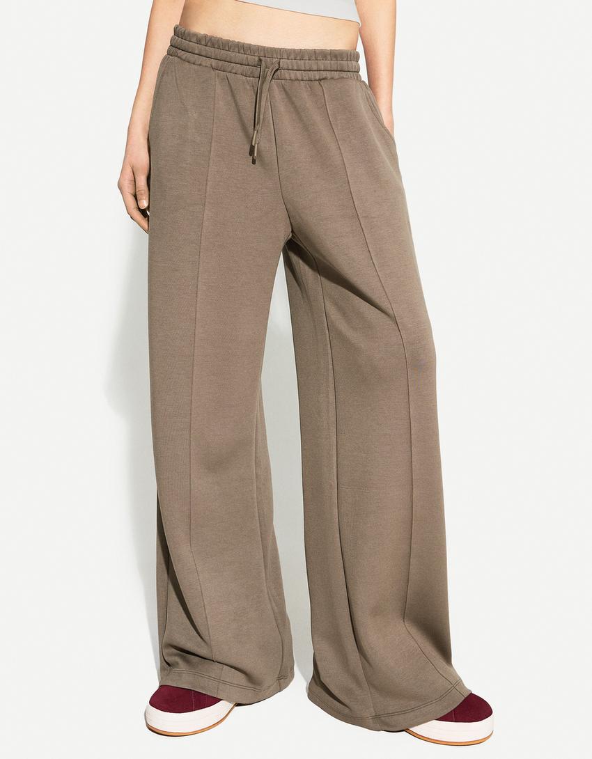 Soft touch wide-leg trousers-Sand