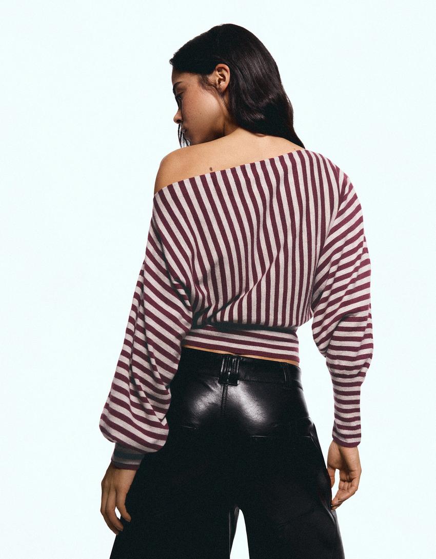 Striped asymmetric neck sweater-Burgundy