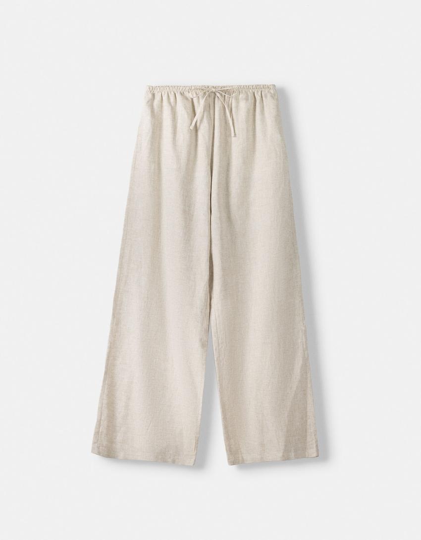 Pantalon straight lin mélangé taille élastique-Écru-4