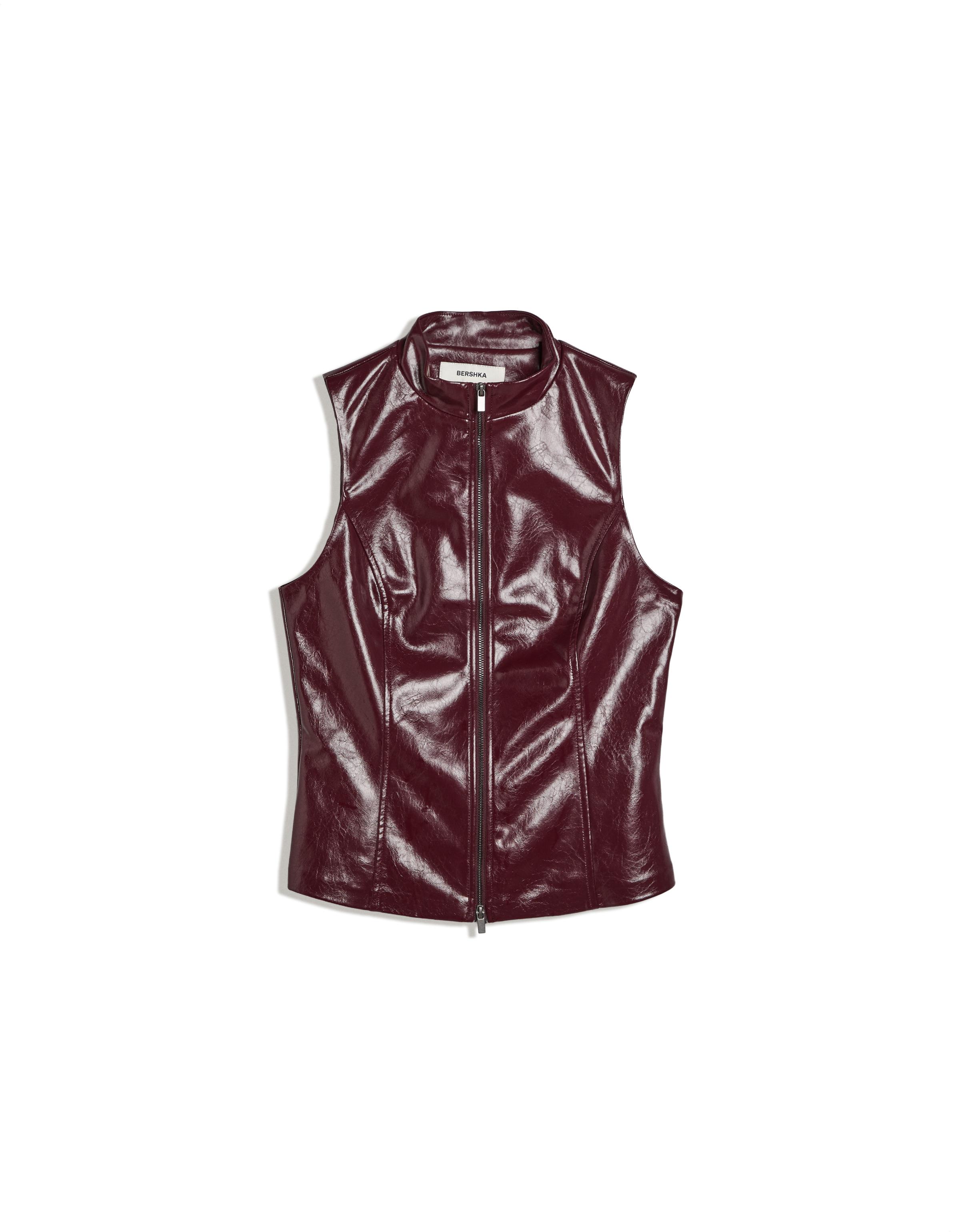 Leather-effect sleeveless high-neck top — Burgundy