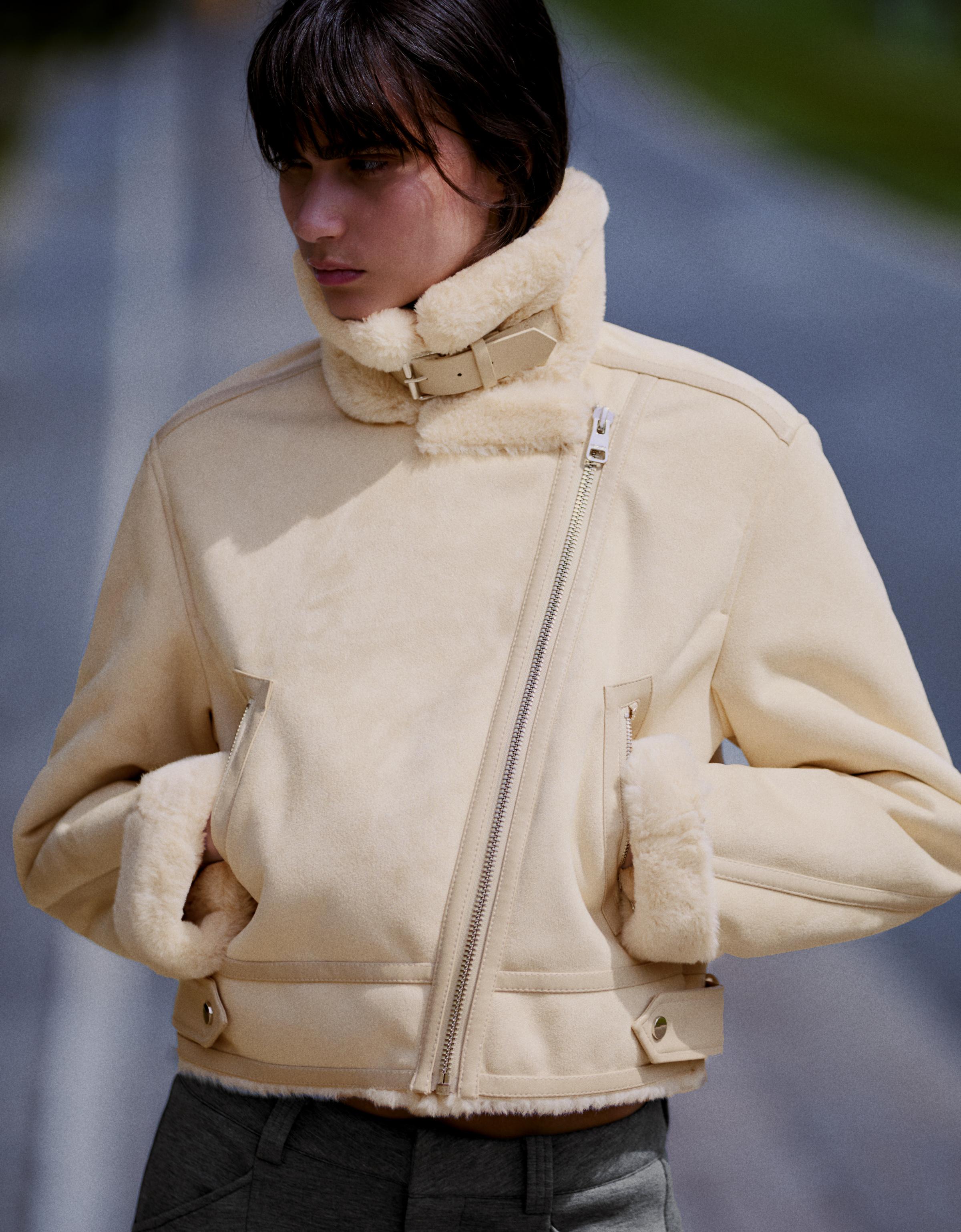 Cropped double-faced biker jacket — Cream