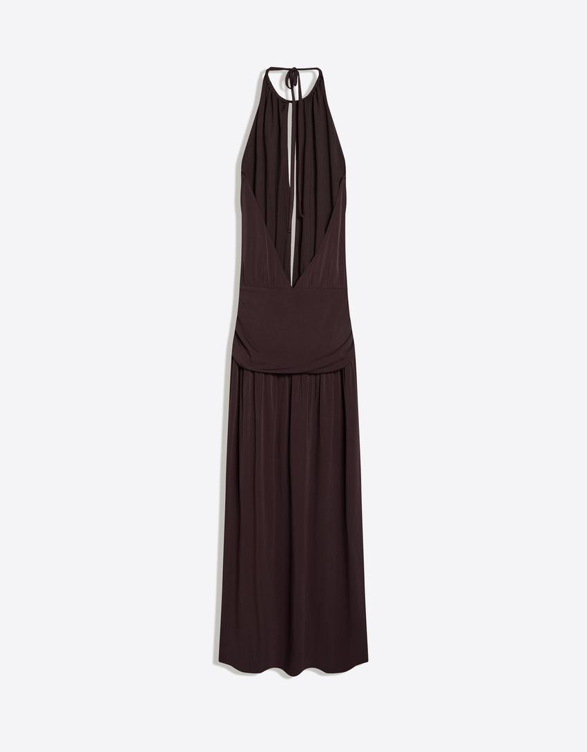 Halter midi dress-Brown