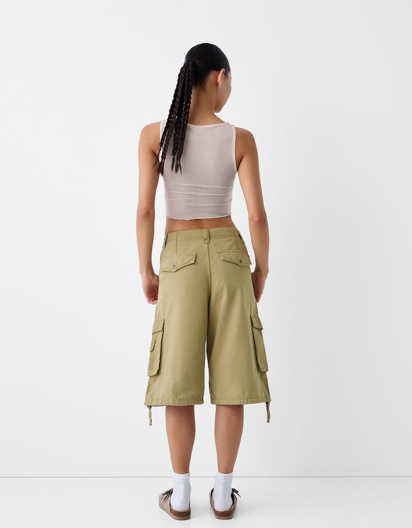 Pamuklu kargo baggy bermuda şort-Yeşil-2