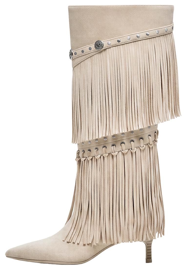 Fringed heeled boots — BEIGE
