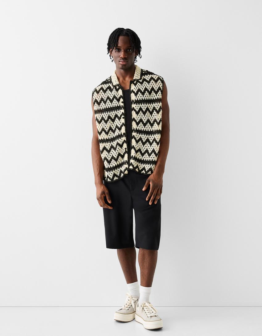 Gilet sans manches crochet col chemise-Blanc / Noir-3