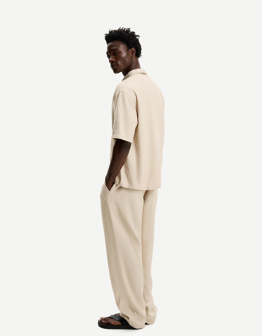 Pantaloni wide leg jogger misto lino-Sabbia-1