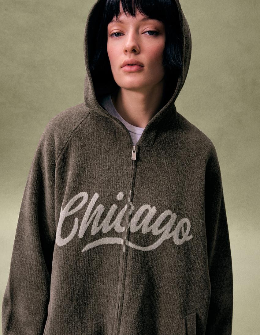 Pull zippé en chenille à capuche imprimé-Gris