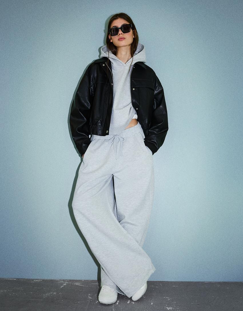 Sweatshirt material barrel pants-Grey