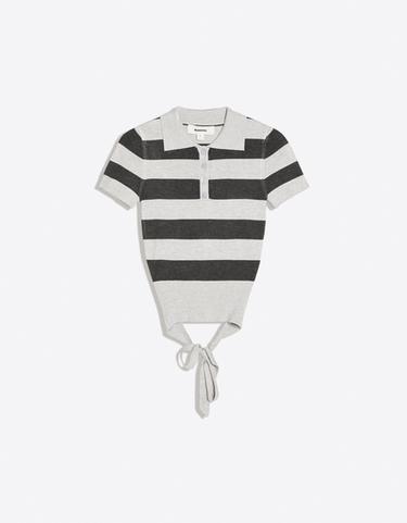 Striped short sleeve knit polo sweater — Grey 4