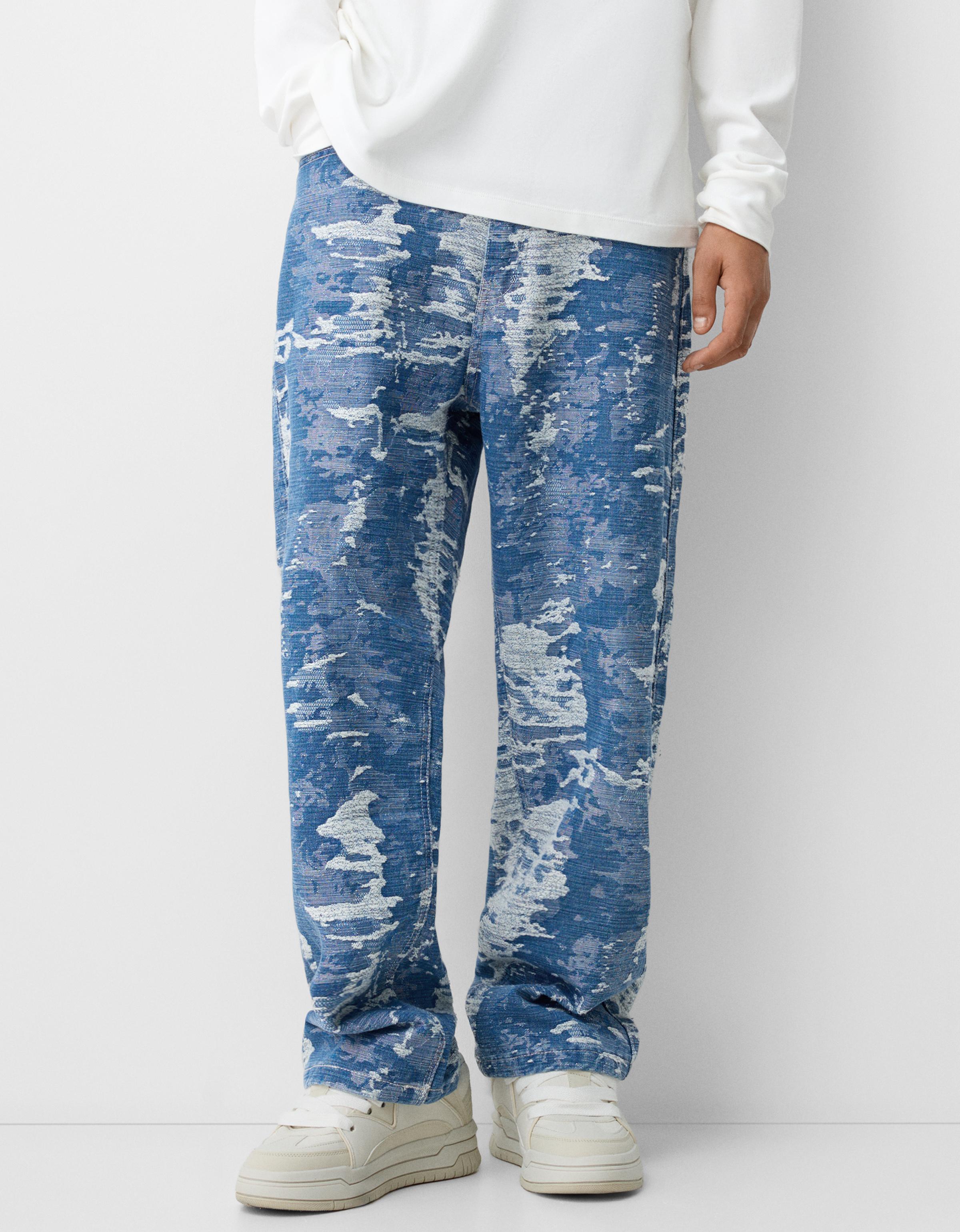 Bershka Baggy-Jeans Mit Print Herren 42 Ausgewaschenes Blau