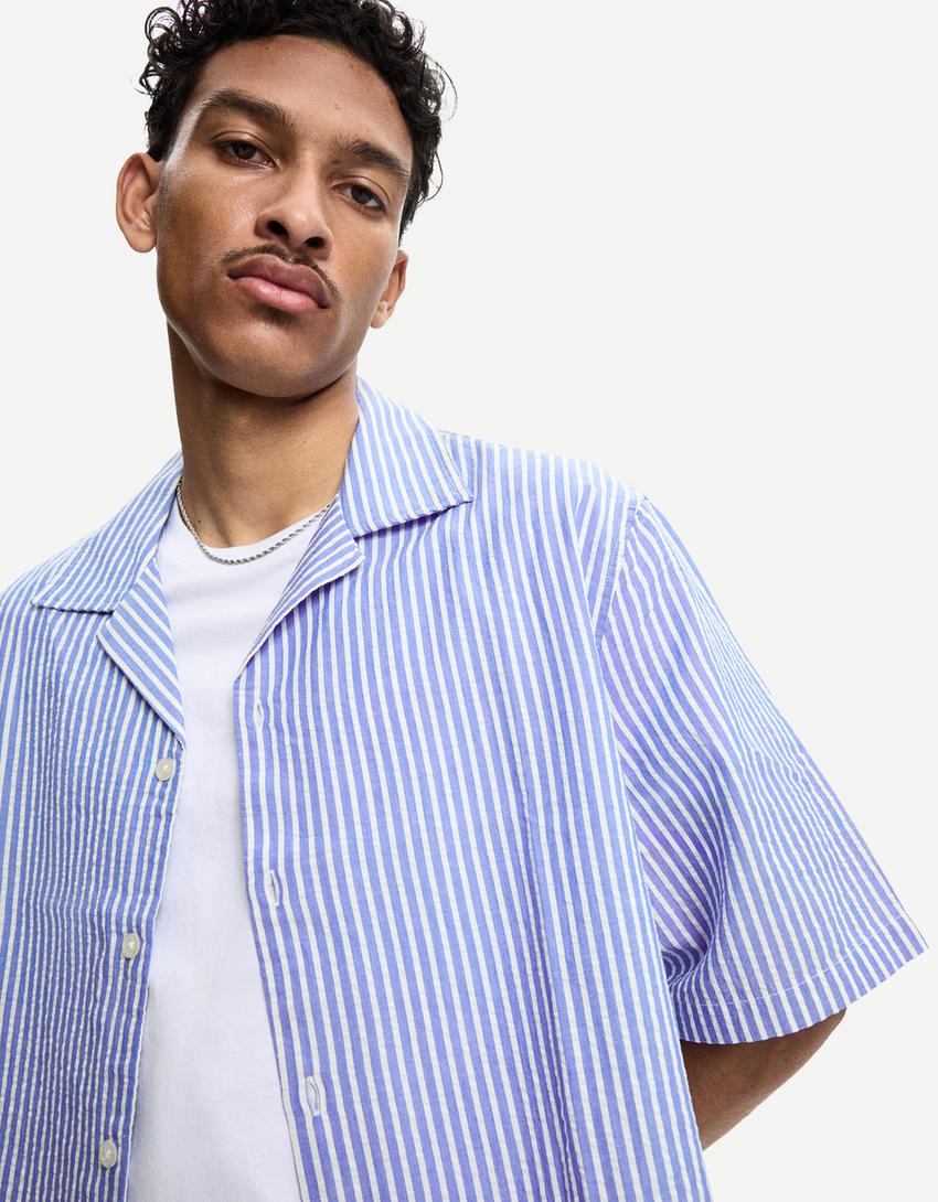 Striped textured short sleeve boxy fit shirt-Blue-2