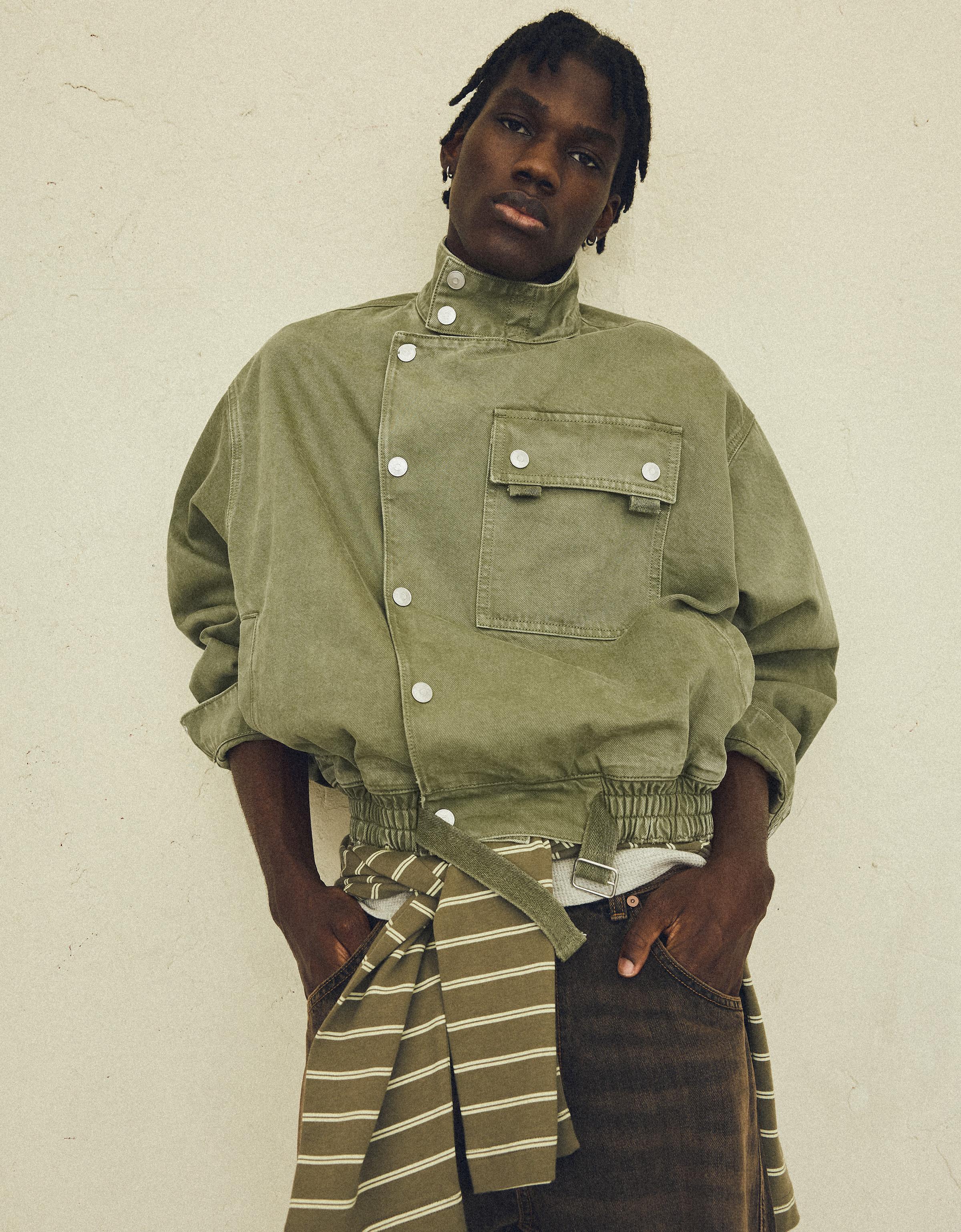 Double-breasted funnel neck jacket with pocket — Green