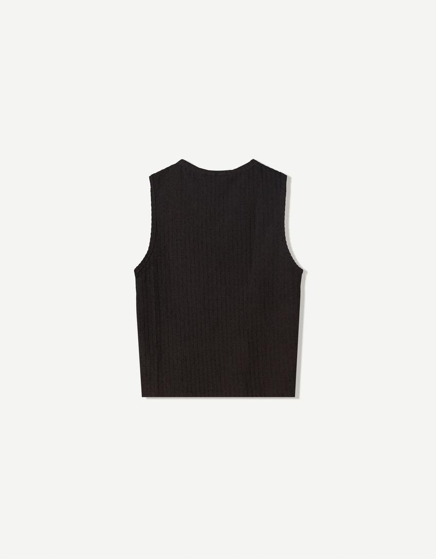 T-shirt met structuur en bandjes-Zwart-4