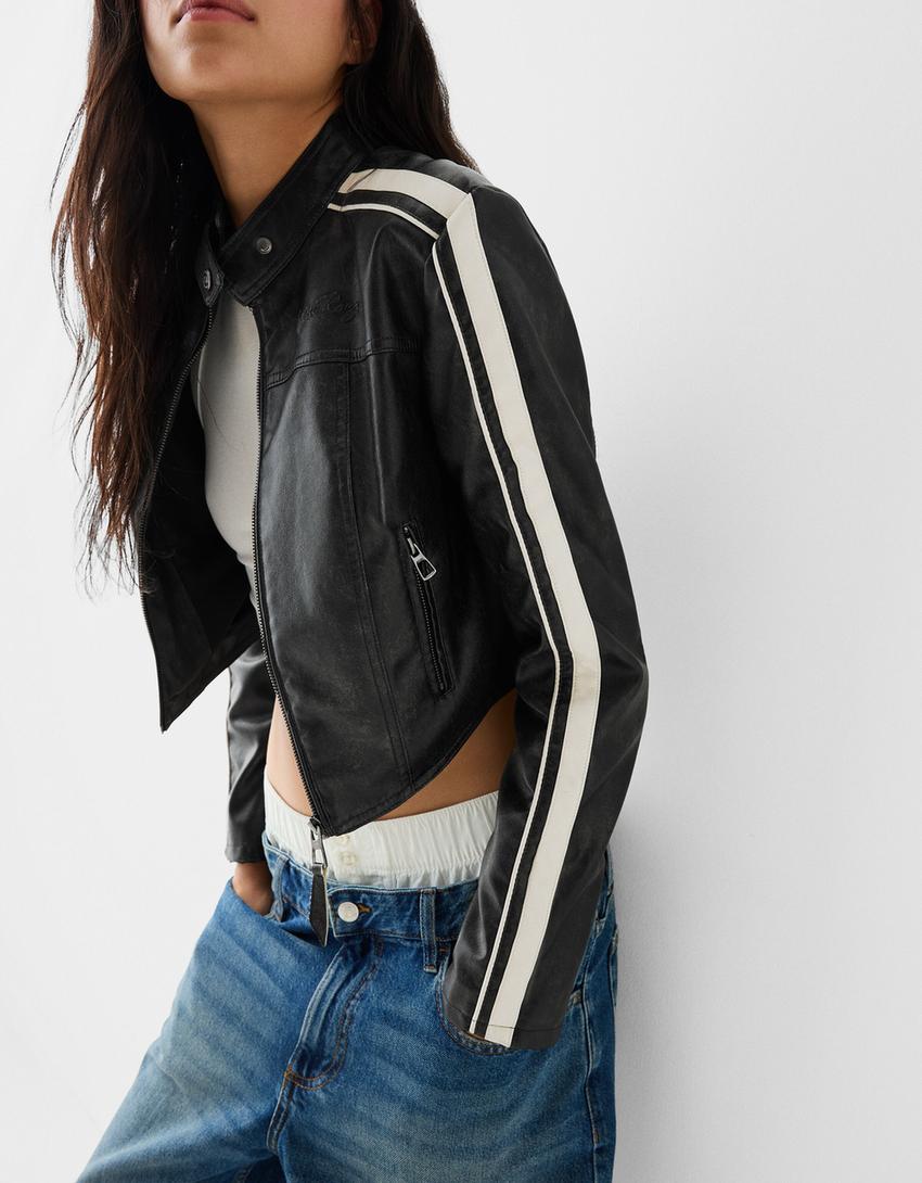 Faux leather jacket with side stripes-Black