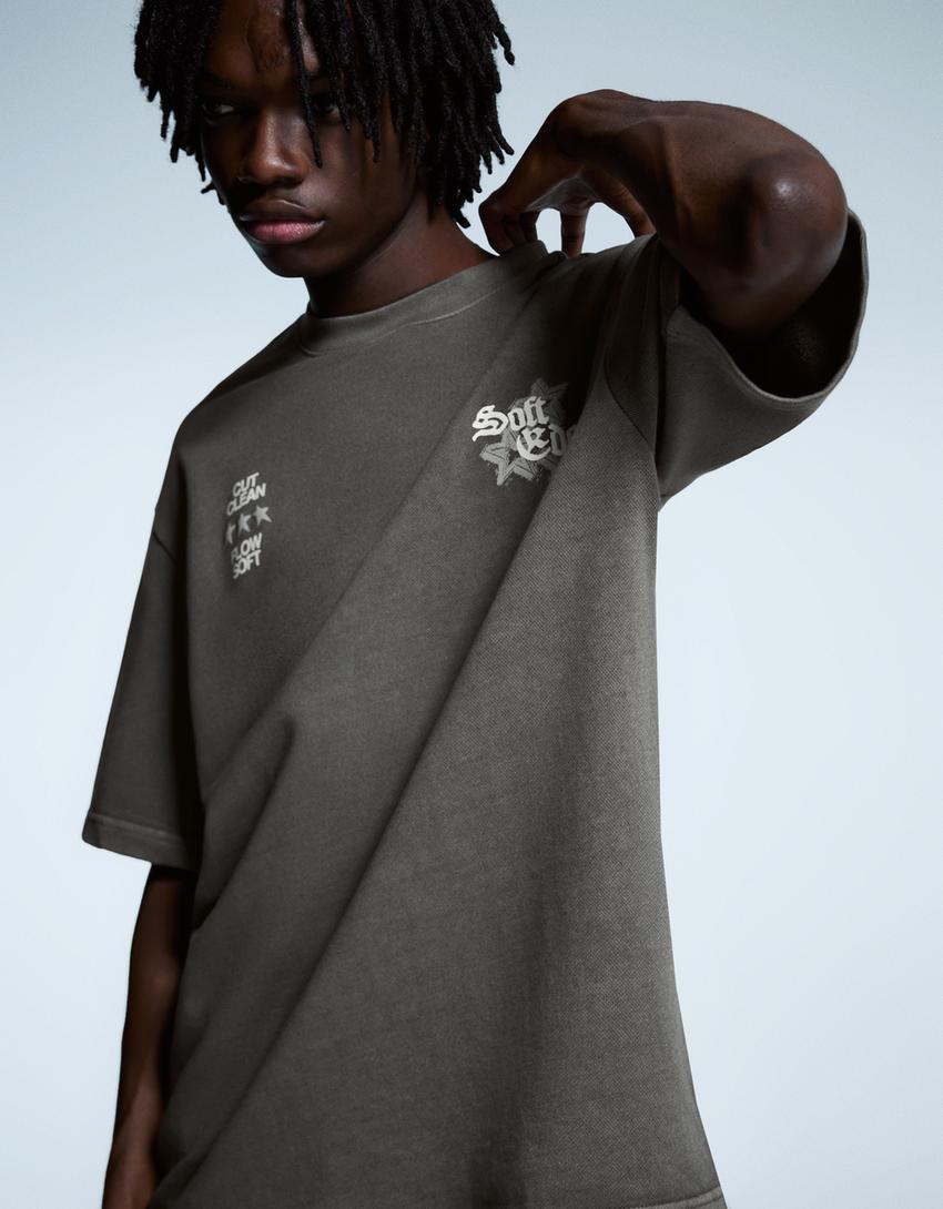 T-shirt à manches courtes en molleton imprimé-Gris