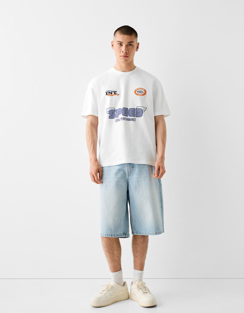 T-shirt manga curta boxy estampado-Branco-3