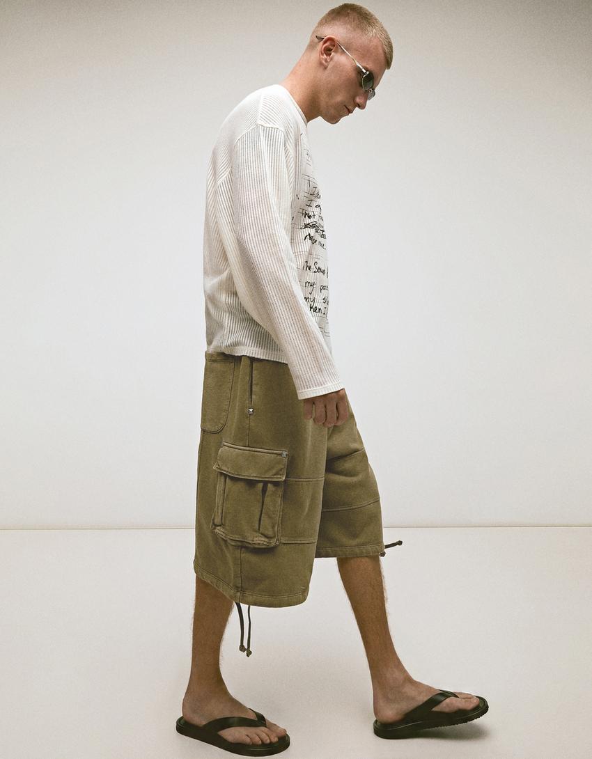 Washed effect cargo jort Bermuda shorts-Khaki