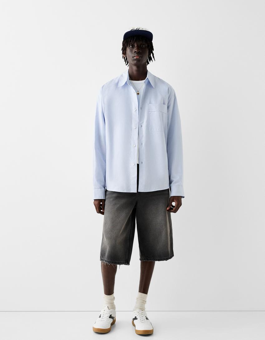 Chemise oxford manches longues boxy fit-Bleu-3