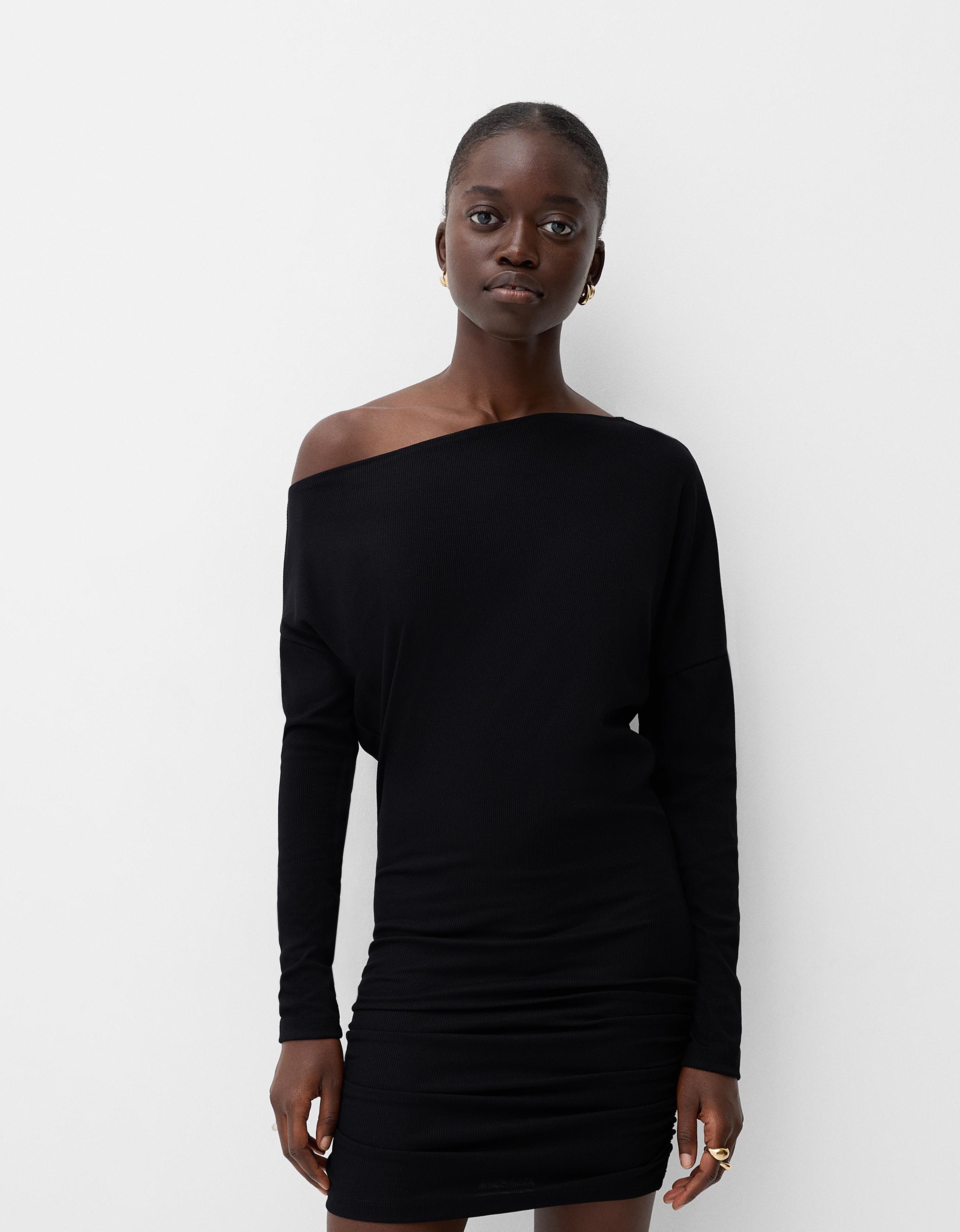 Bershka Asymmetrisches Kleid Mit Langen Ärmeln Damen S Schwarz