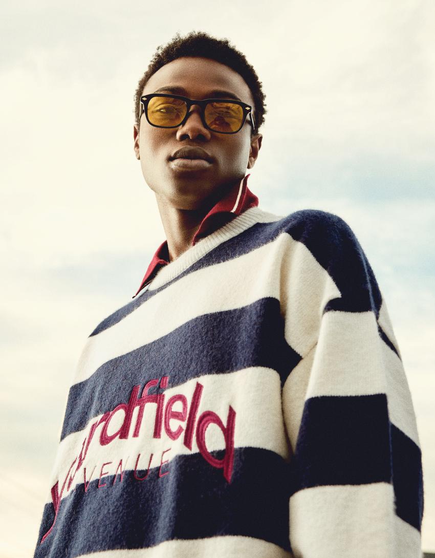 Pull col rond rayures brodé-Marine