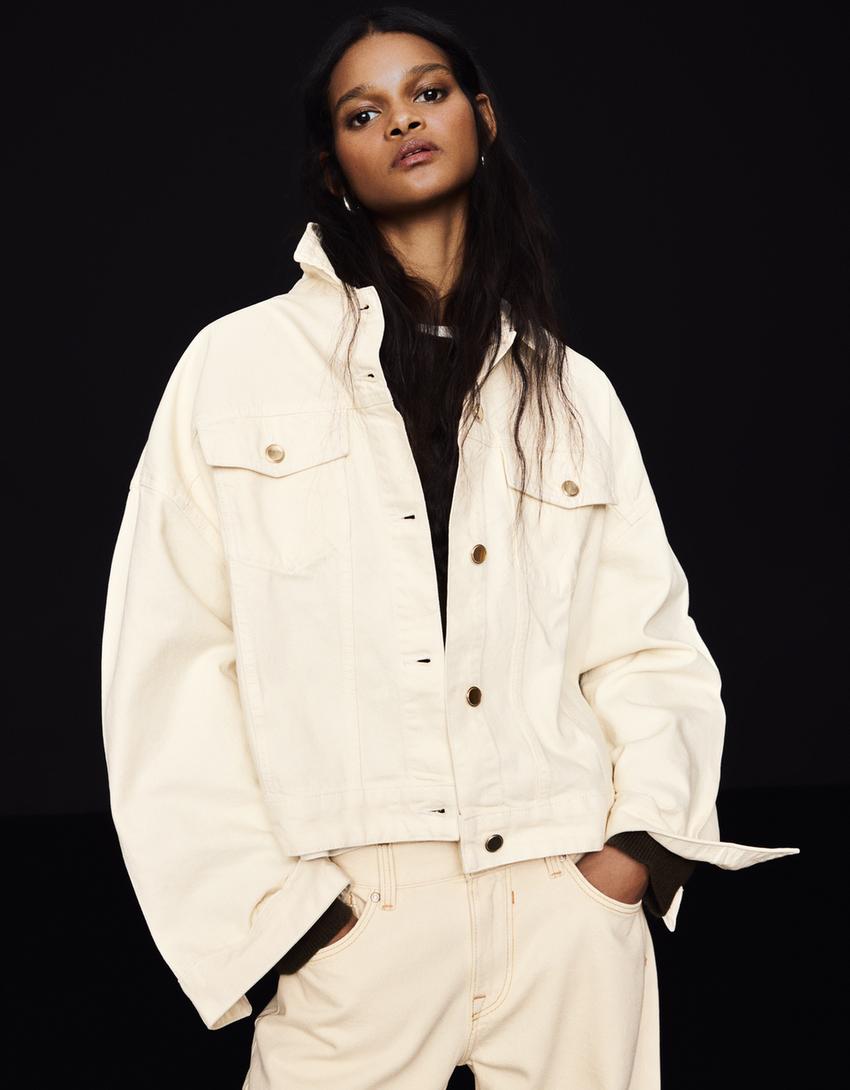 Oversize denim ceket-Krem