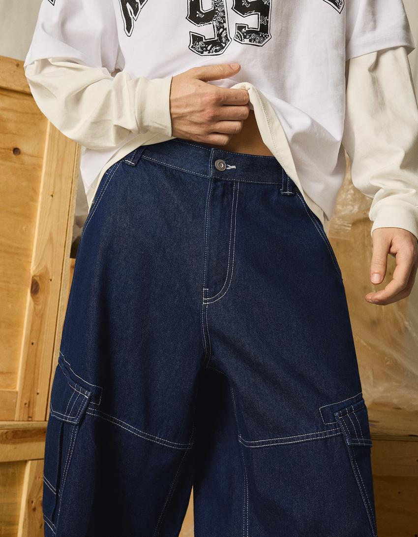 Denim parachute cargo Bermuda shorts-Navy