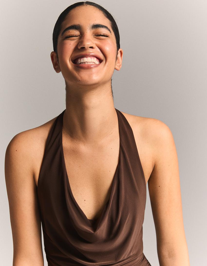 Robe midi encolure américaine-Marron