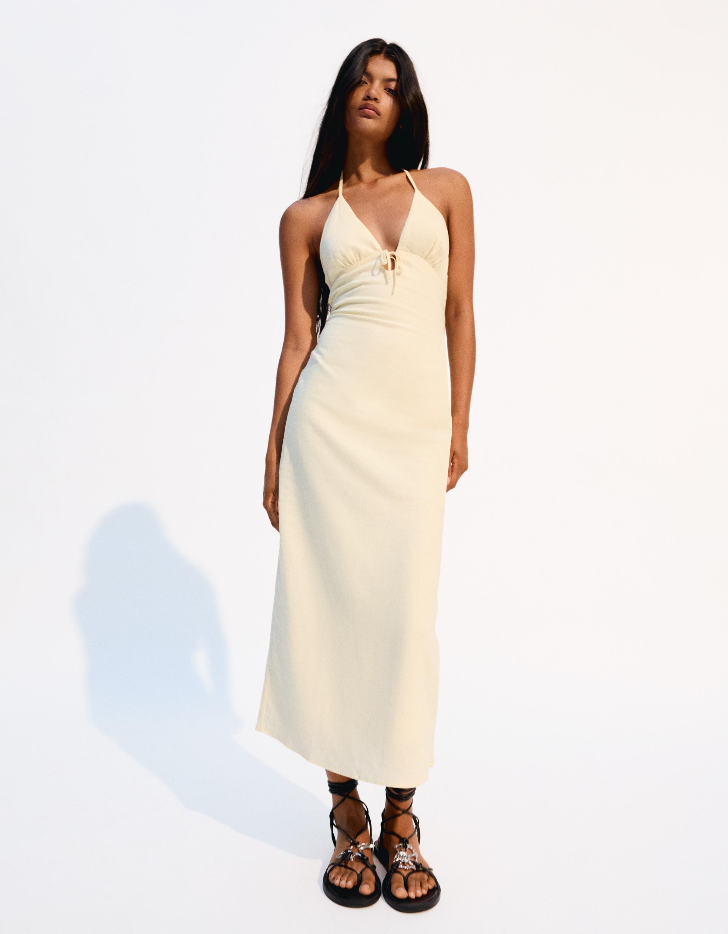 Bershka Neckholder-Midikleid Mit Leinenbindung Damen M Gelb