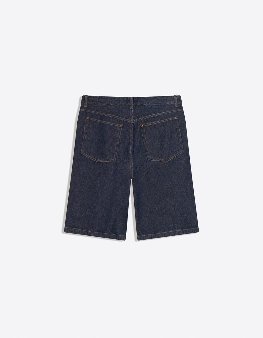 Baggy denim Bermuda shorts-Navy