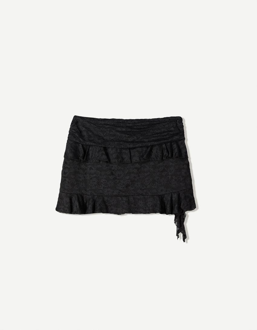 Blonde lace mini skirt with ruffles-Black