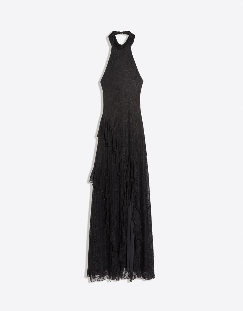 Lace halter midi dress-Black