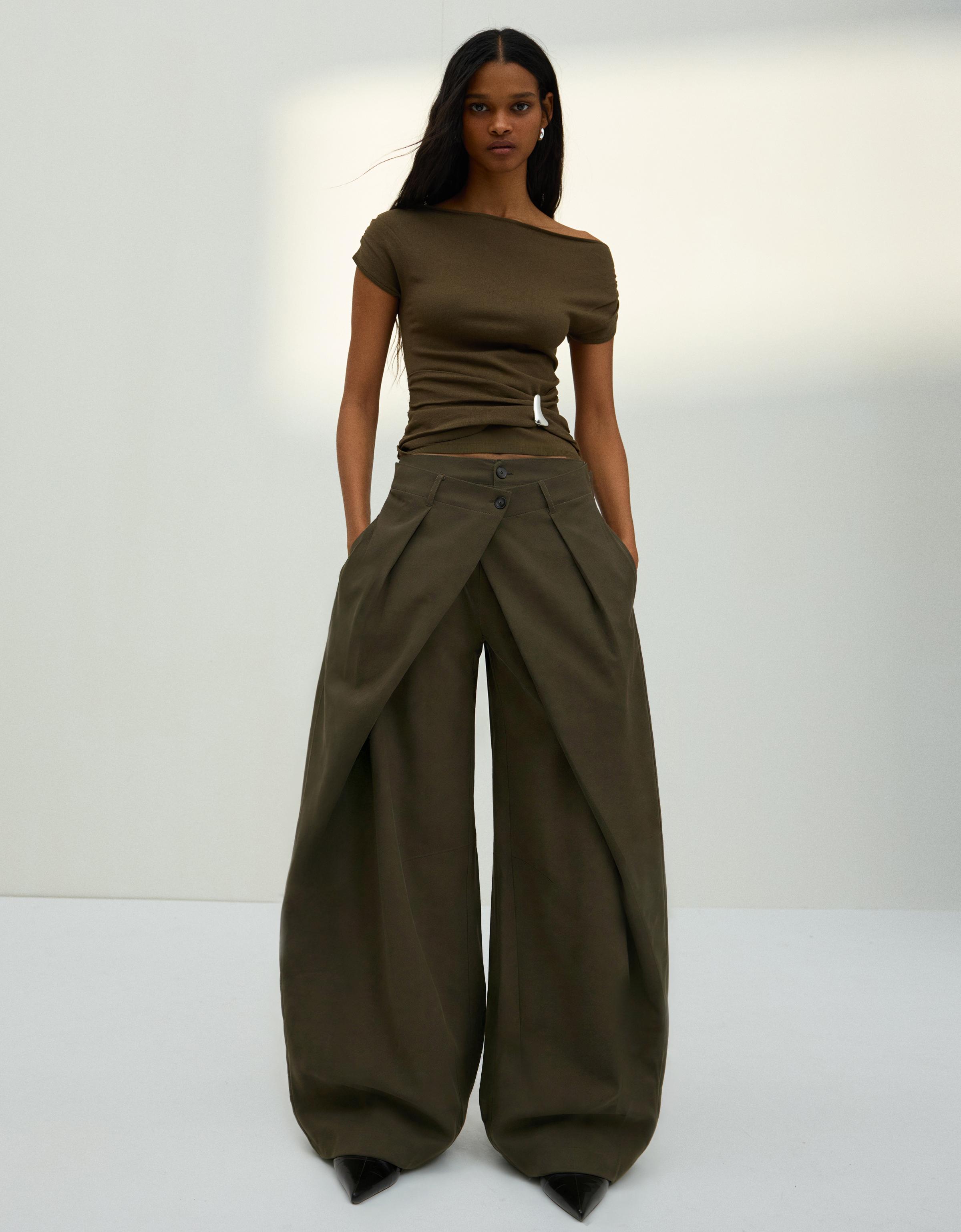 Bershka Barrel-Hose Mit Falten Damen 32 Khaki