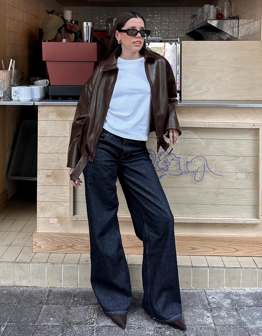 Faux leather bomber jacket with belt-Brown