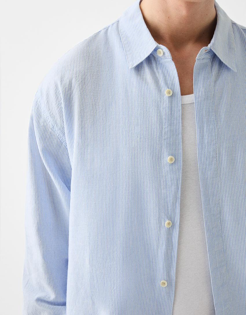 Chemise manches longues loose fit lin-Bleu clair-5