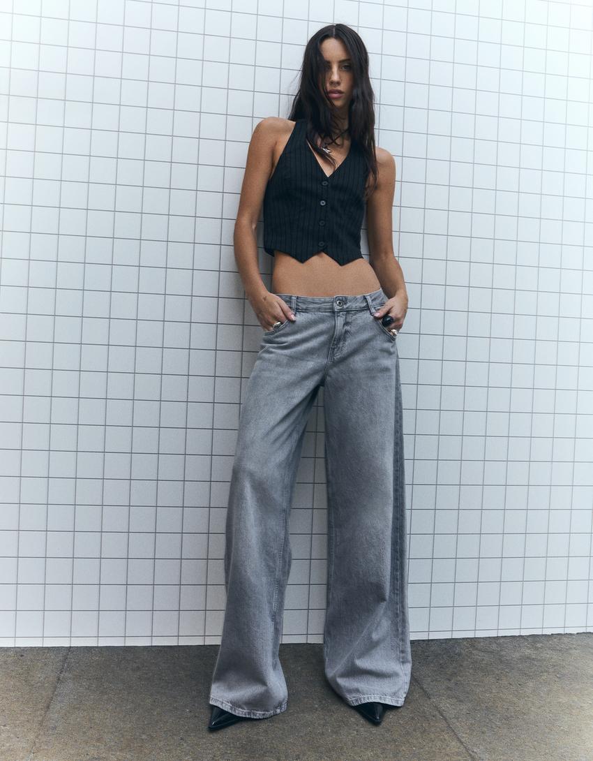 Wide-leg low-waist jeans-Grey-1