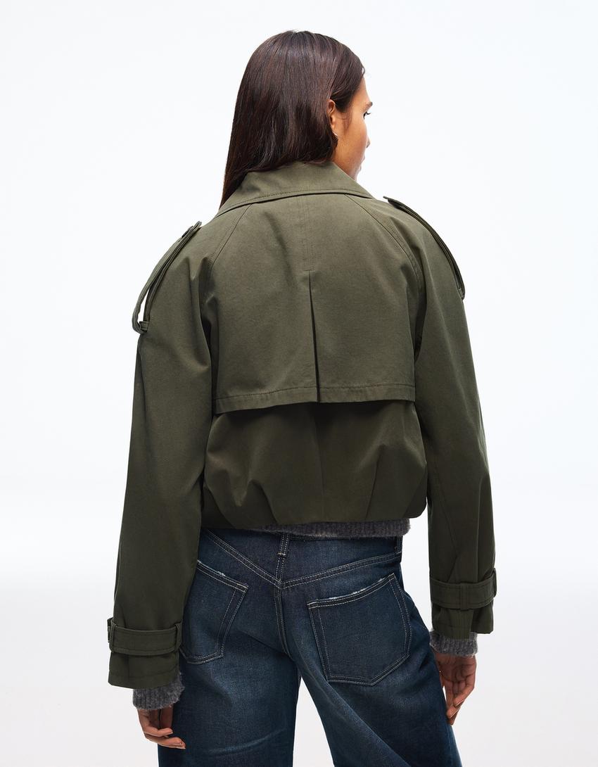 Cropped balloon-effect trench coat-Khaki