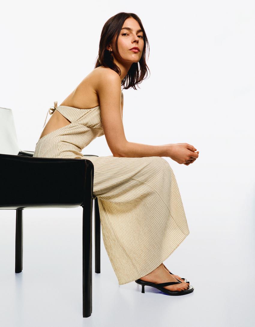 Halter yaka midi elbise-Kum rengi-2