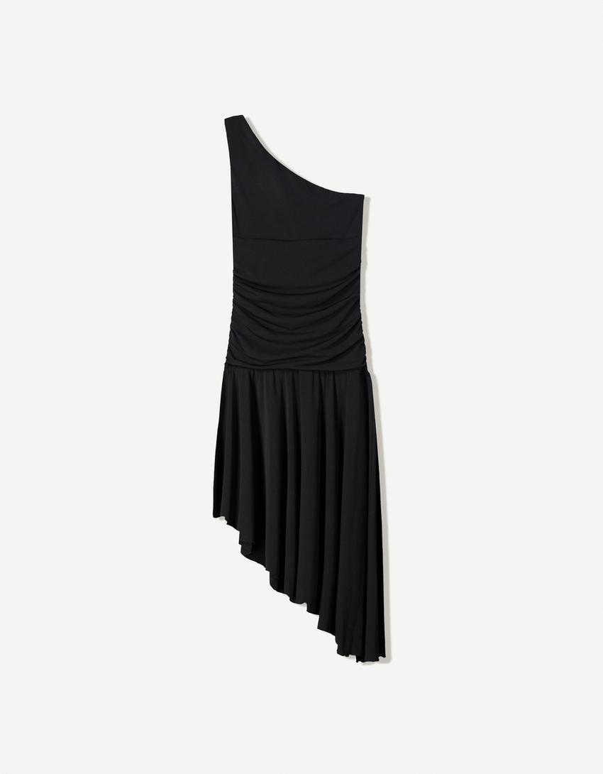 Asymmetric midi dress with ruffles-Black-4