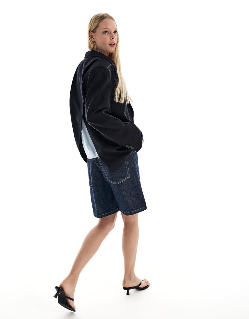 Csíkos, átlapolt blézer-Tengerészkék