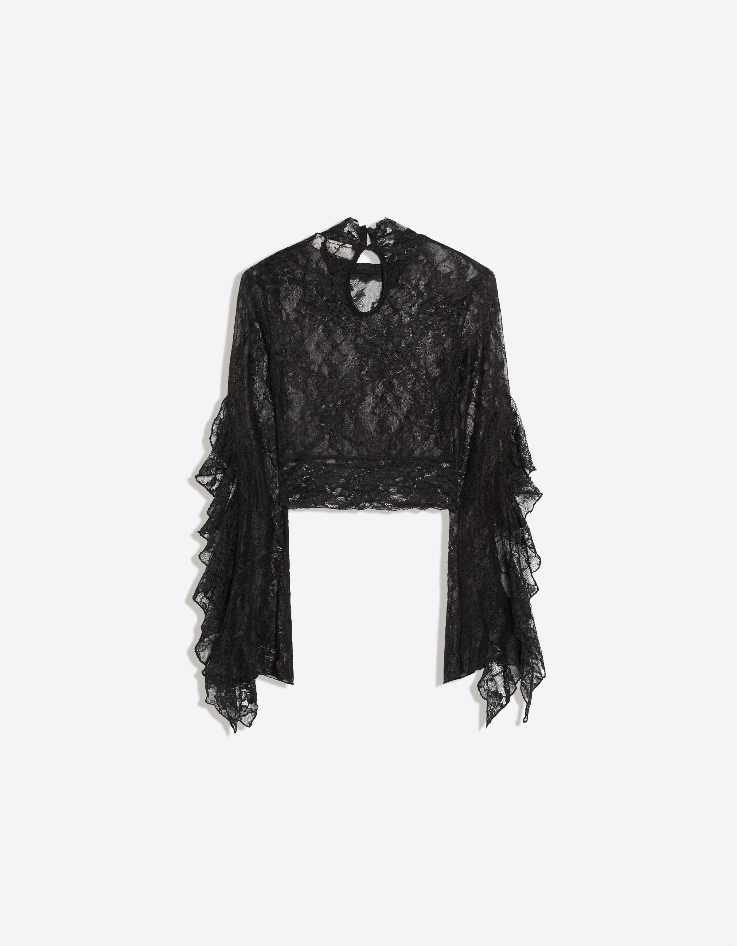 High-neck lace T-shirt with frill sleeves — Black