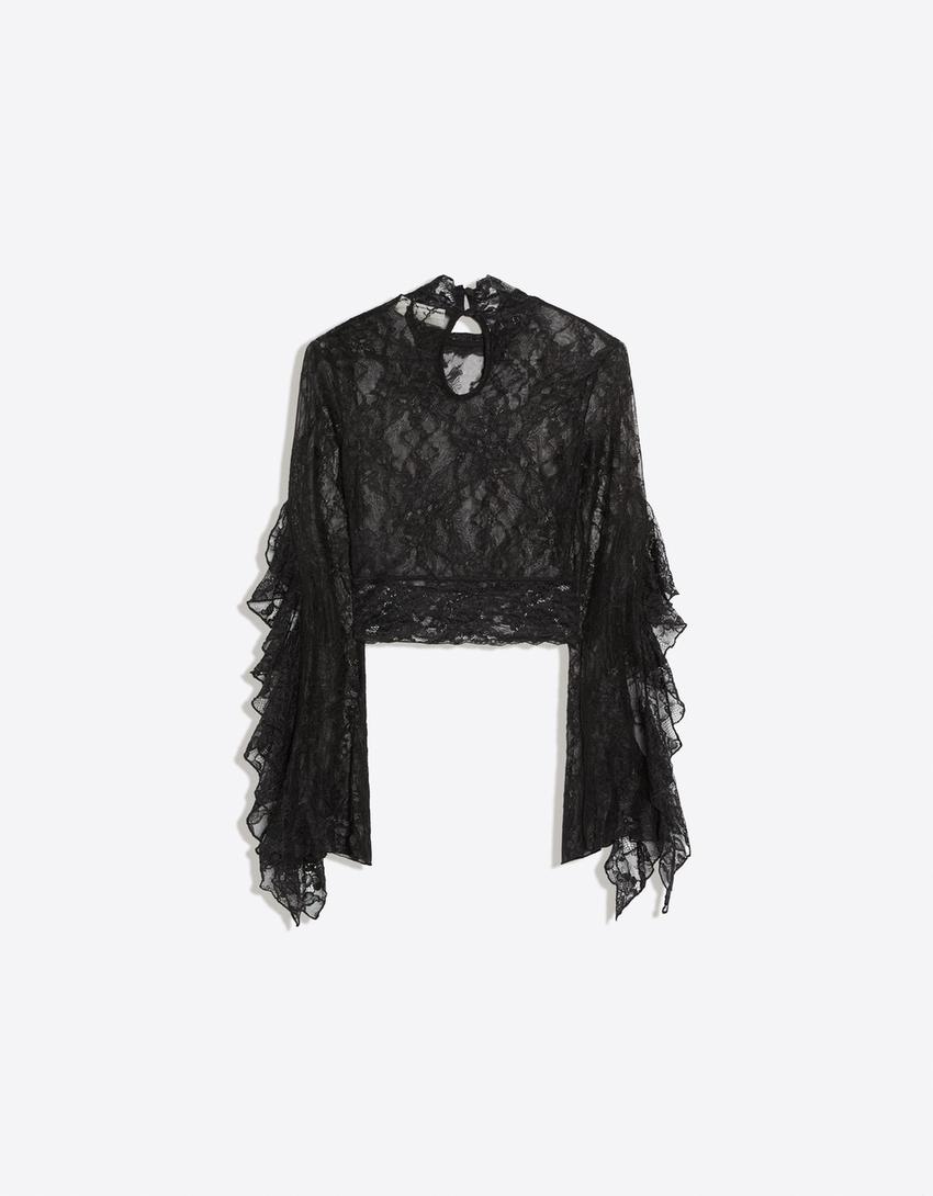 Perkins collar lace T-shirt with ruffled sleeves-Black