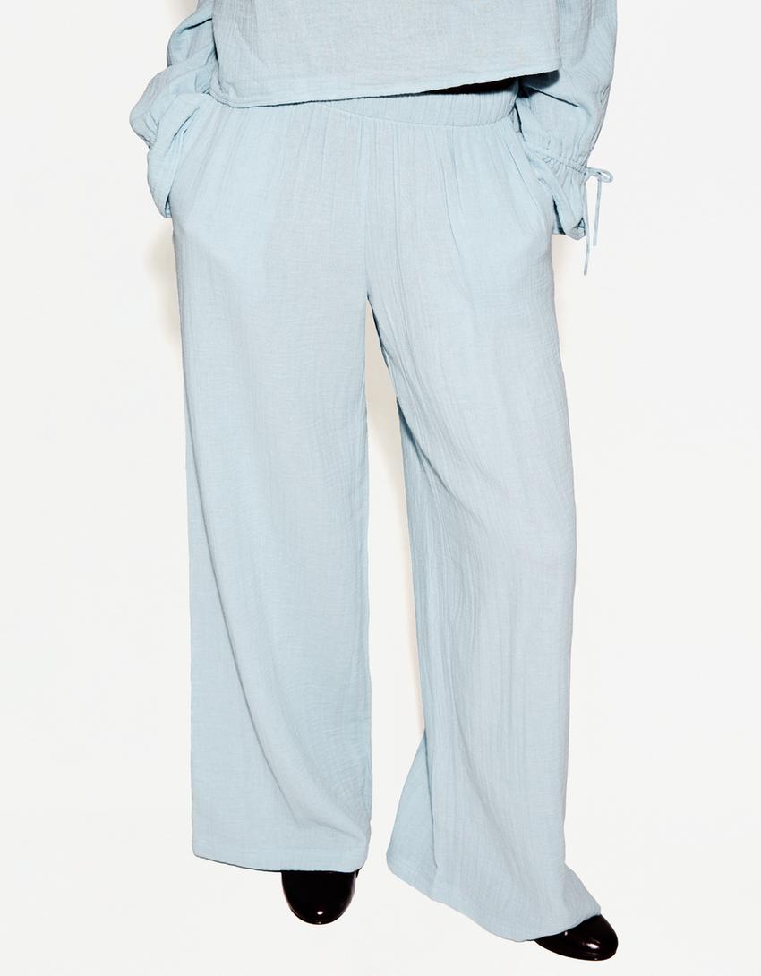 Брюки из двухслойной ткани в стиле рустик с широкими штанинами-Голубой