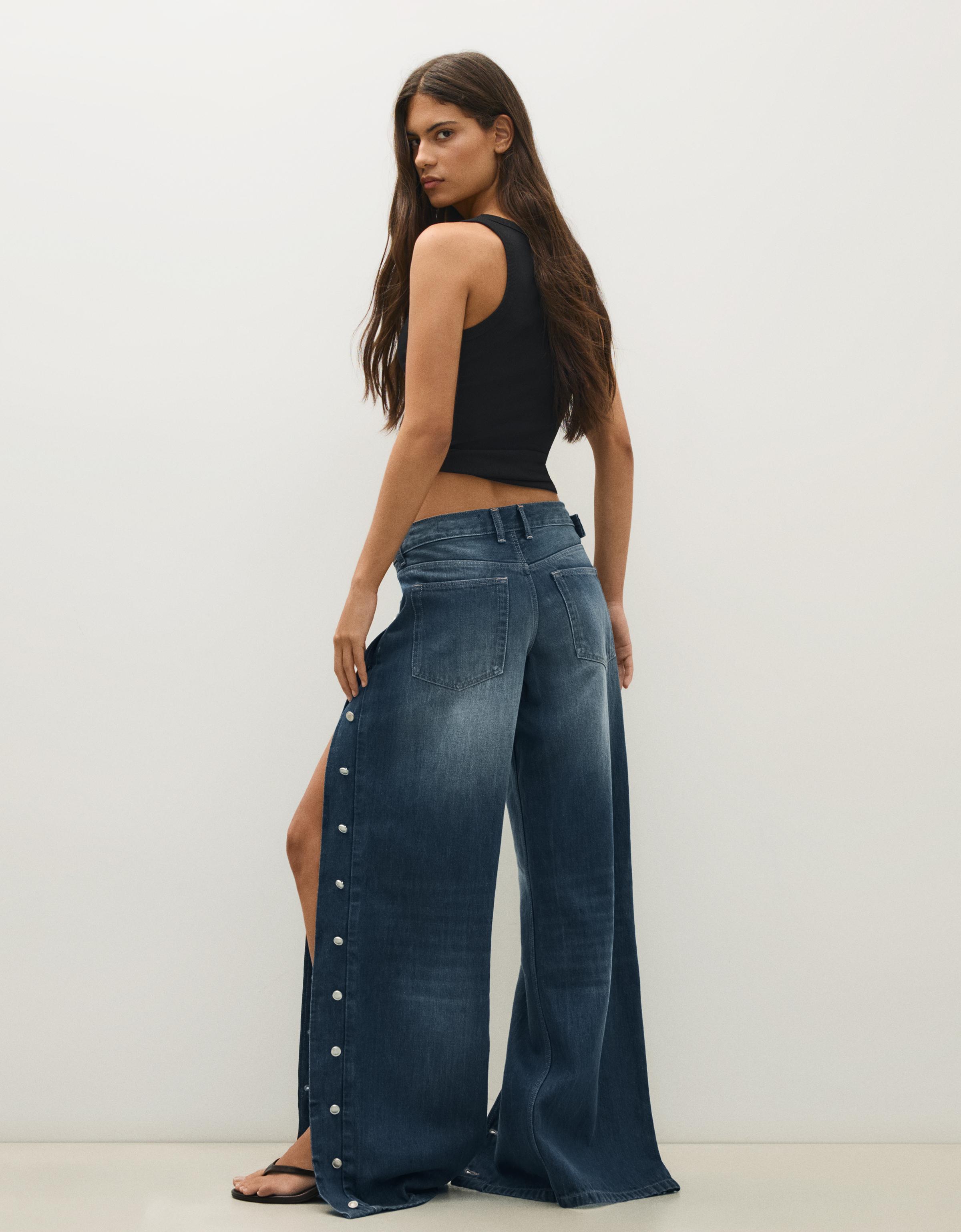 Bershka Jeans Straight Tiro Bajo Botones Laterales Mujer 32 Azul Oscuro