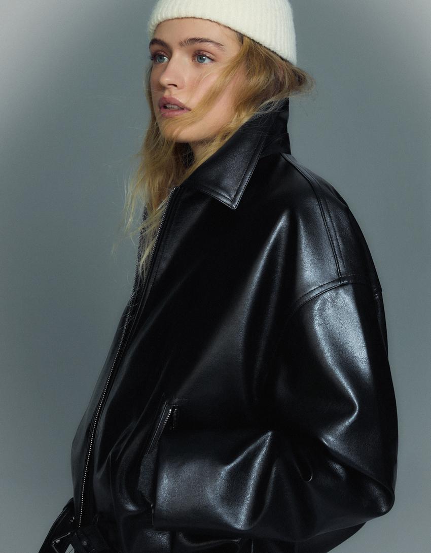 Faux leather bomber jacket with belt-Black