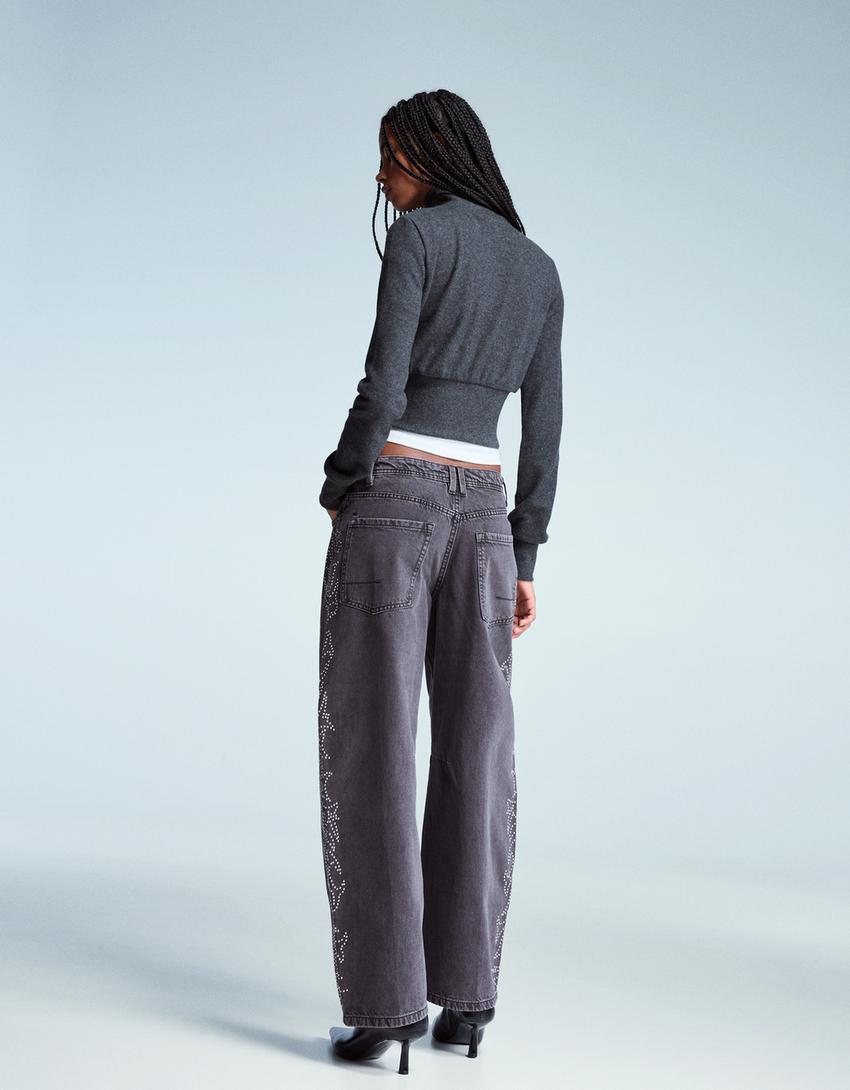 Pantalons barrel detall brillantor-Gris