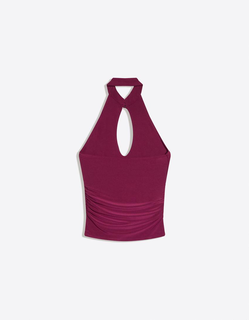 Off-the-shoulder halter top-Red