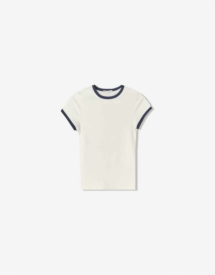 Short sleeve contrast T-shirt-Off white-3