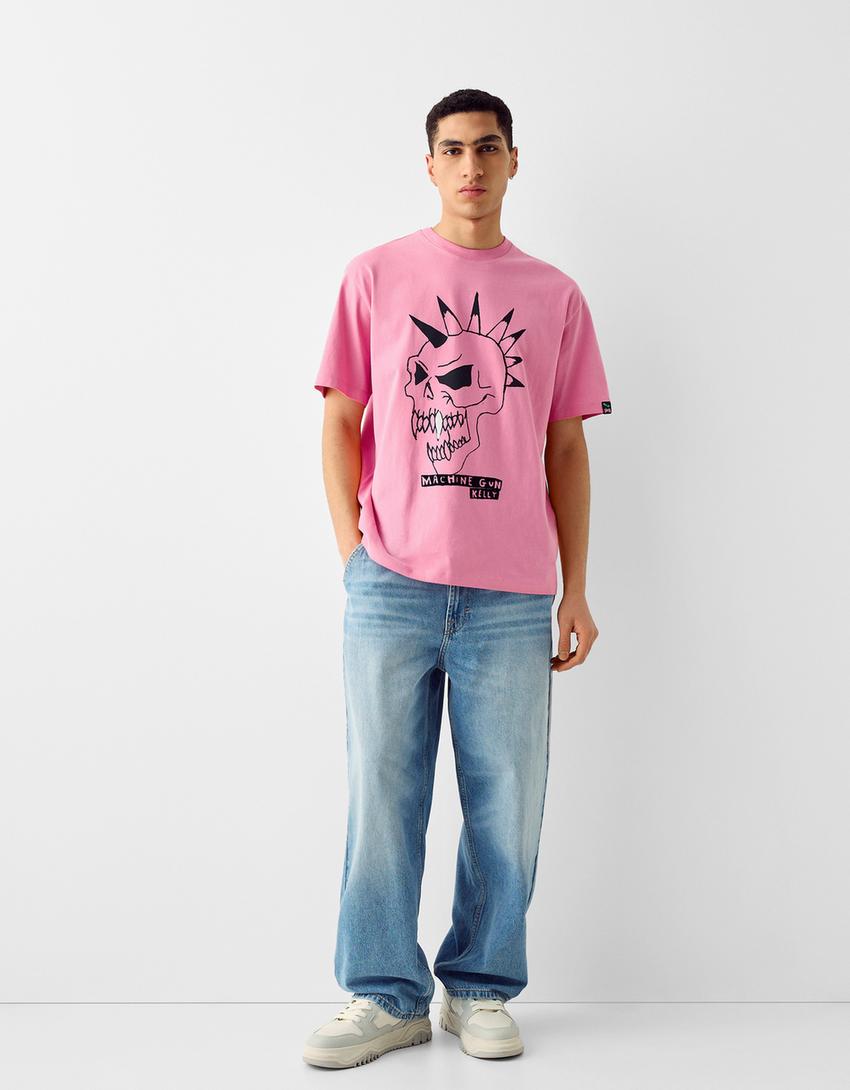 Boxy fit short sleeve T-shirt with Machine Gun Kelly print-Pink